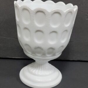 E.O. Brody Milk Glass Vase M4200 White Scalloped Thumbprint Pedestal 6"